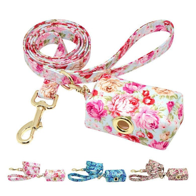 Floral dog leash and matching poo bag dispenser holder