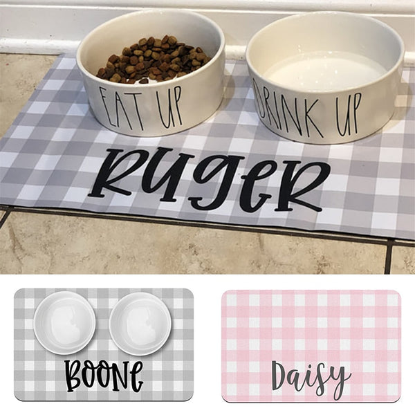 Load image into Gallery viewer, Grey Plaid Pet Food Mat - Personalised
