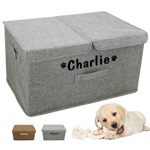 large dual compartment pet toy storage box personalised with name