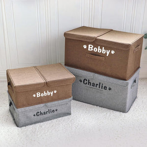 large dual compartment pet toy storage box personalised with name