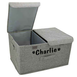 dual compartment personalised pet toy storage box with printed name