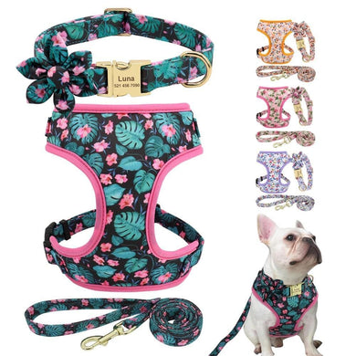 floral dog personalised collar and harness and leash set black and pink