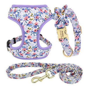 floral dog personalised collar and harness and leash set purple