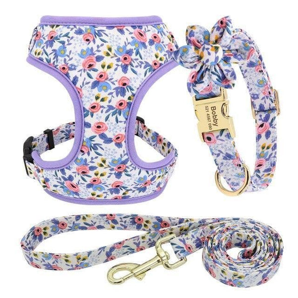 Load image into Gallery viewer, floral dog personalised collar and harness and leash set purple
