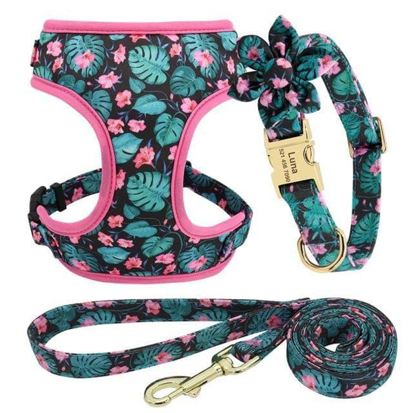 Load image into Gallery viewer, floral dog personalised collar and harness and leash set black and pink
