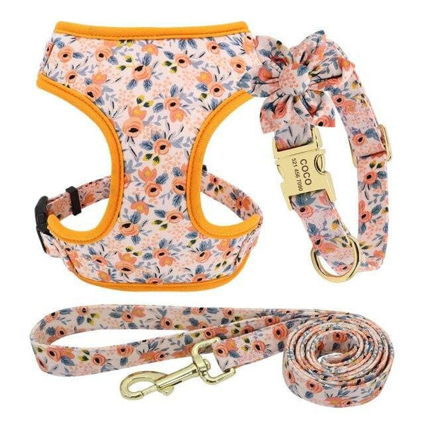Load image into Gallery viewer, floral dog personalised collar and harness and leash set orange
