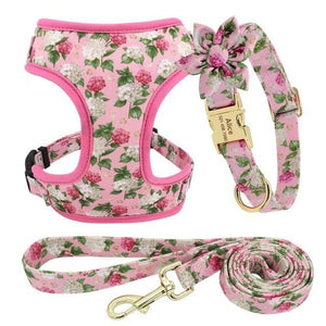 floral dog personalised collar and harness and leash set pink